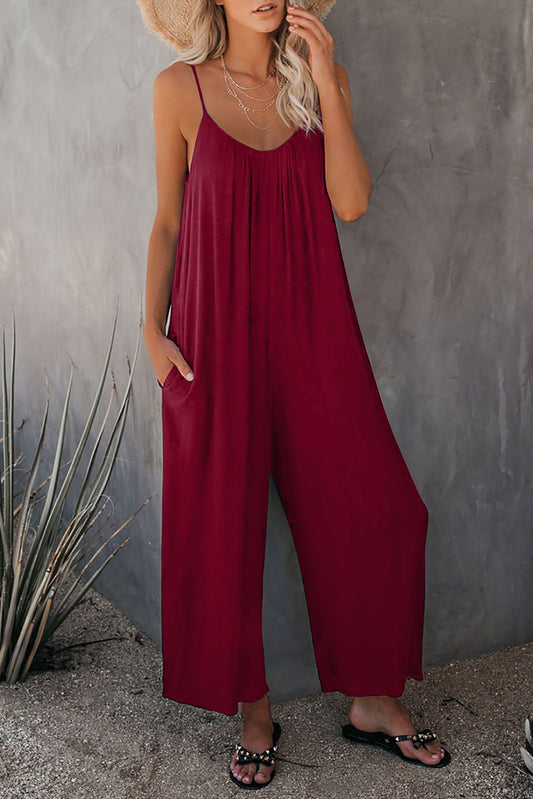 Fiery Red Spaghetti Straps Wide Leg Pocketed Jumpsuits