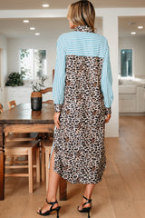 Robe chemise longue rayée à empiècements léopard et fentes