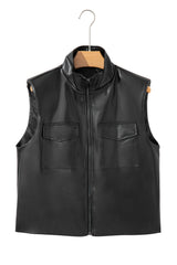 Gilet sans manches noir en similicuir à col montant, zippé
