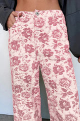 Pantalon droit en denim rose à imprimé floral vintage