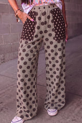 Pantalon large marron à pois et poches plaquées contrastées