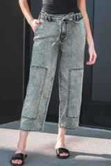 Pantalon en denim gris délavé à l'acide avec lien à la taille
