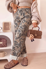 Jean droit ample multicolore camouflage à pressions latérales et revers