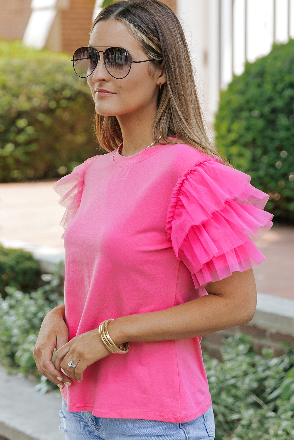 Blouse rose à manches volantées en tulle-A WOMAN WE LOVE