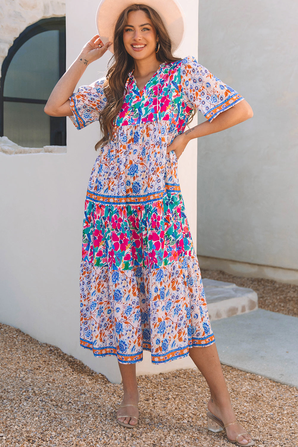 Robe à manches courtes et col fendu à imprimé floral mixte bleu ciel