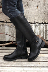 Bottes hautes noires en simili cuir à talon bas large et zip latéral