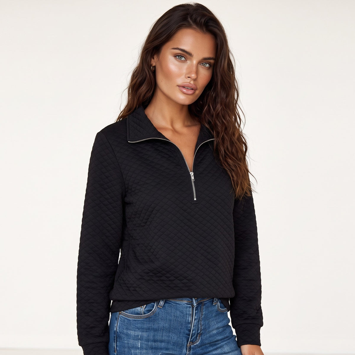 Black solid half zip quilted sweatshirt
