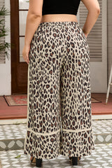 Pantalon large beige léopard grande taille à cordon et poches plaquées