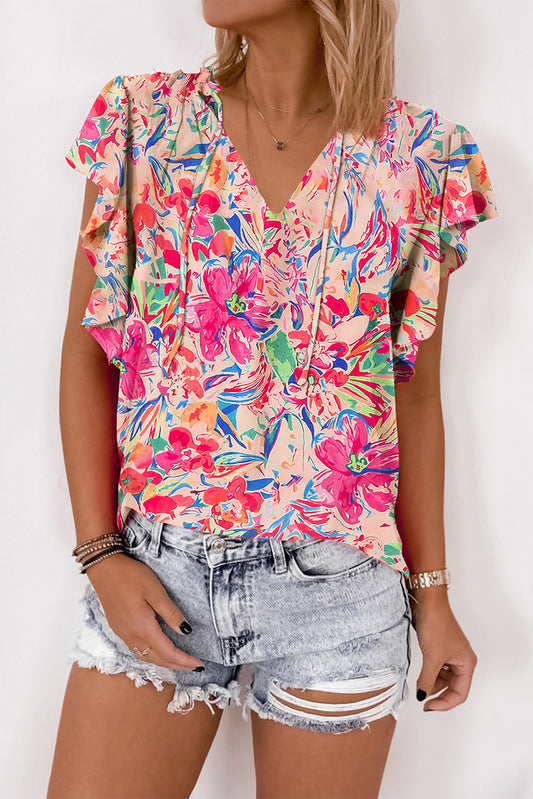 Blusa de verano con cuello en V y manga con volantes florales multicolores