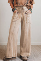 Pantalon large en coton délavé à taille haute, cordon et poches plaquées
