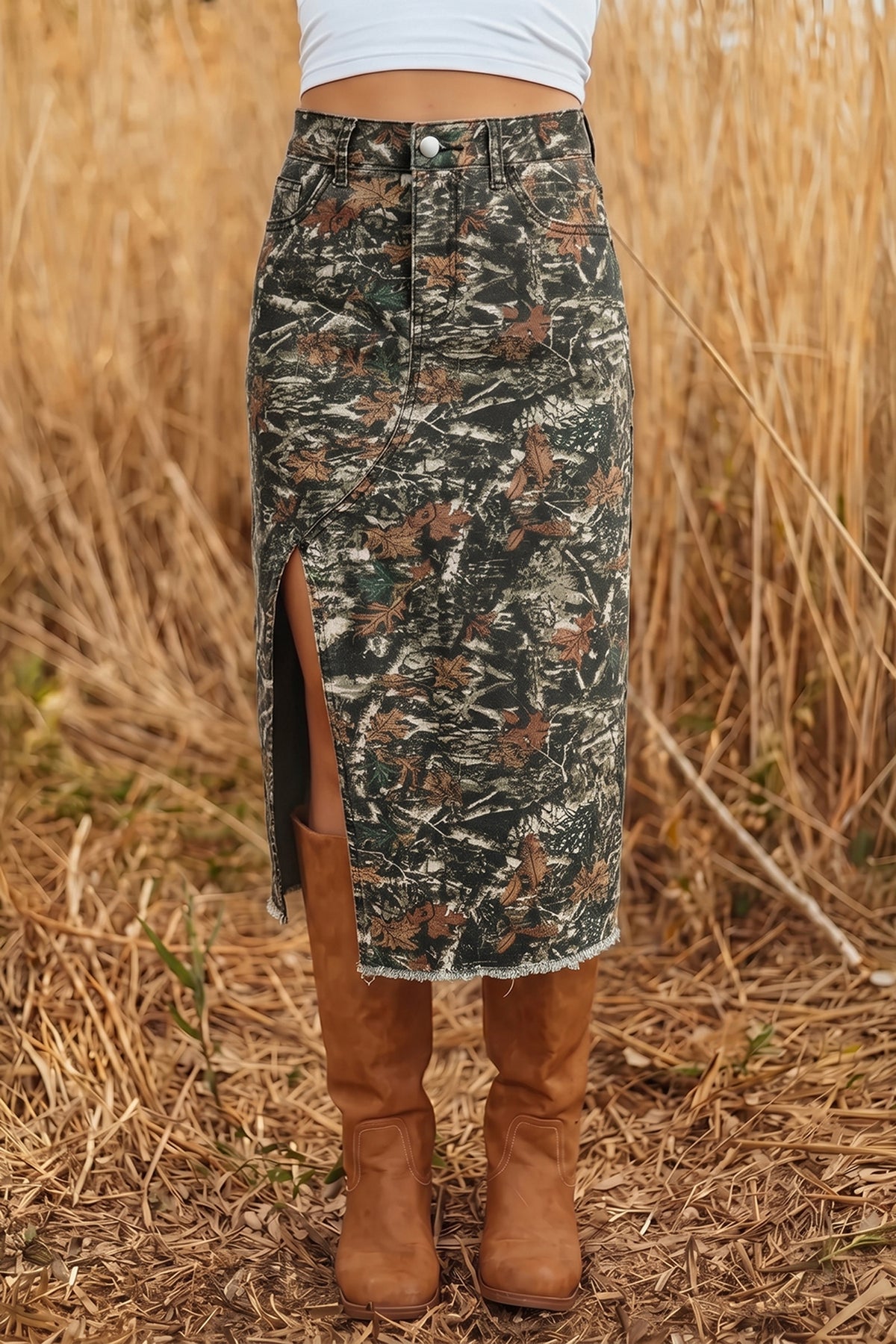 Jupe midi en jean camouflage multicolore fendue à ourlet brut