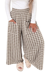 Pantalon large à carreaux, taille haute élastiquée et poches plaquées