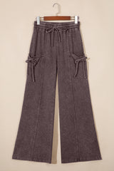 Pantalon cargo marron en coton délavé à taille élastiquée et cordon