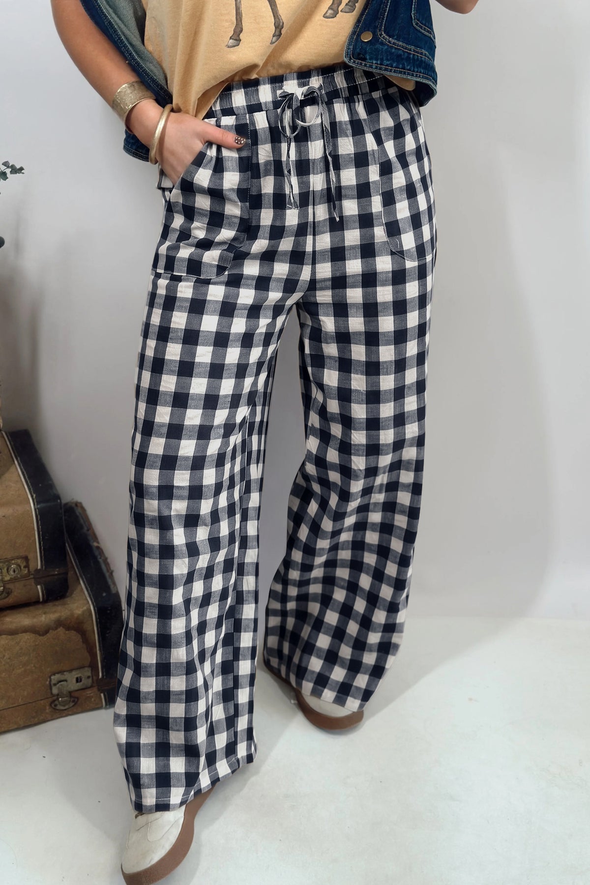 Pantalon ample en coton à carreaux vichy, taille élastiquée et lien