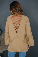 Light French Beige Solid Color Lattice Sweatshirt with Openwork Back