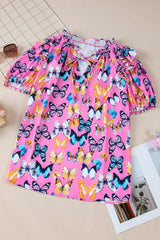 Chemisier violet imprimé papillon à volants et manches bouffantes noué à col en V-A WOMAN WE LOVE