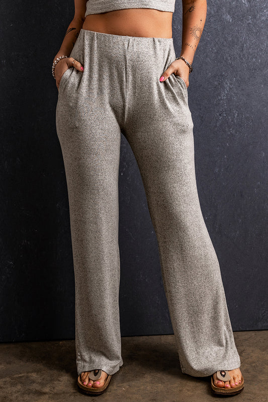 Pantalones rectos sueltos con bolsillos y cintura elástica gris claro