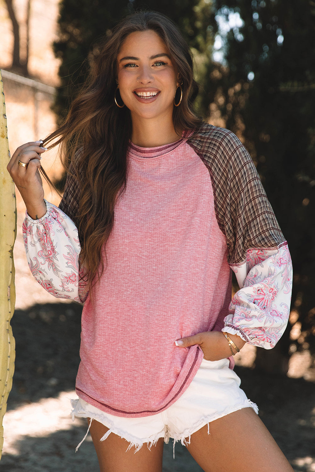 Blouse patchwork en tricot côtelé à manches raglan et imprimé mixte Fushia-A WOMAN WE LOVE