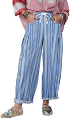 Sky Blue Stripe High Waist Wide Leg Lace Up Barrel Jeans