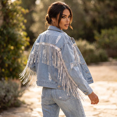 Jacket de efectos articulares con flecos decorados con lentejuelas del cielo azul