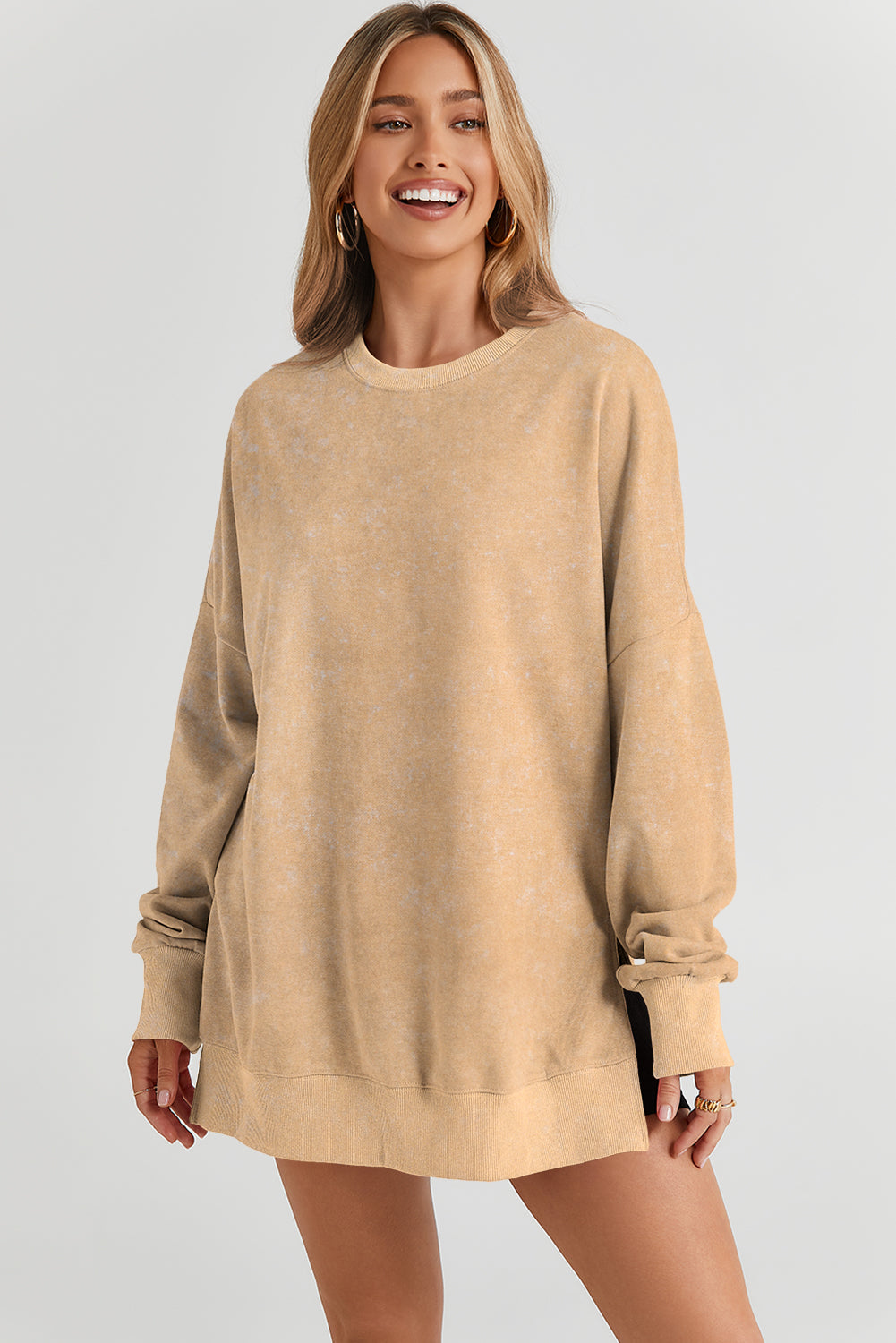 Sweat-shirt oversize beige à épaules tombantes et bordure côtelée