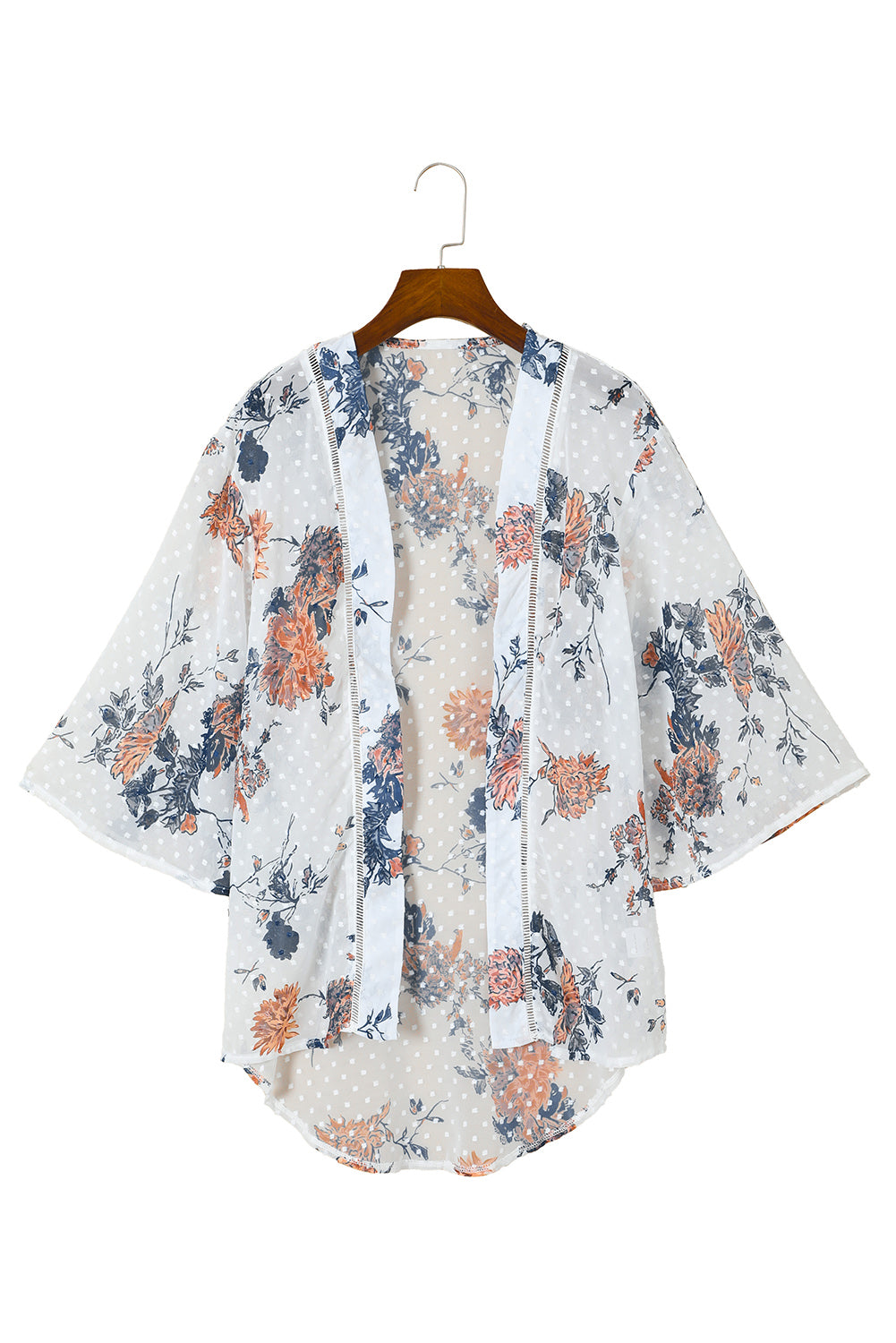 White Floral Print Open Front Bell Sleeve kimono