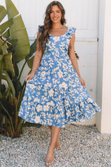 Robe mi-longue fluide à volants et épaules flottantes à fleurs bleu ciel
