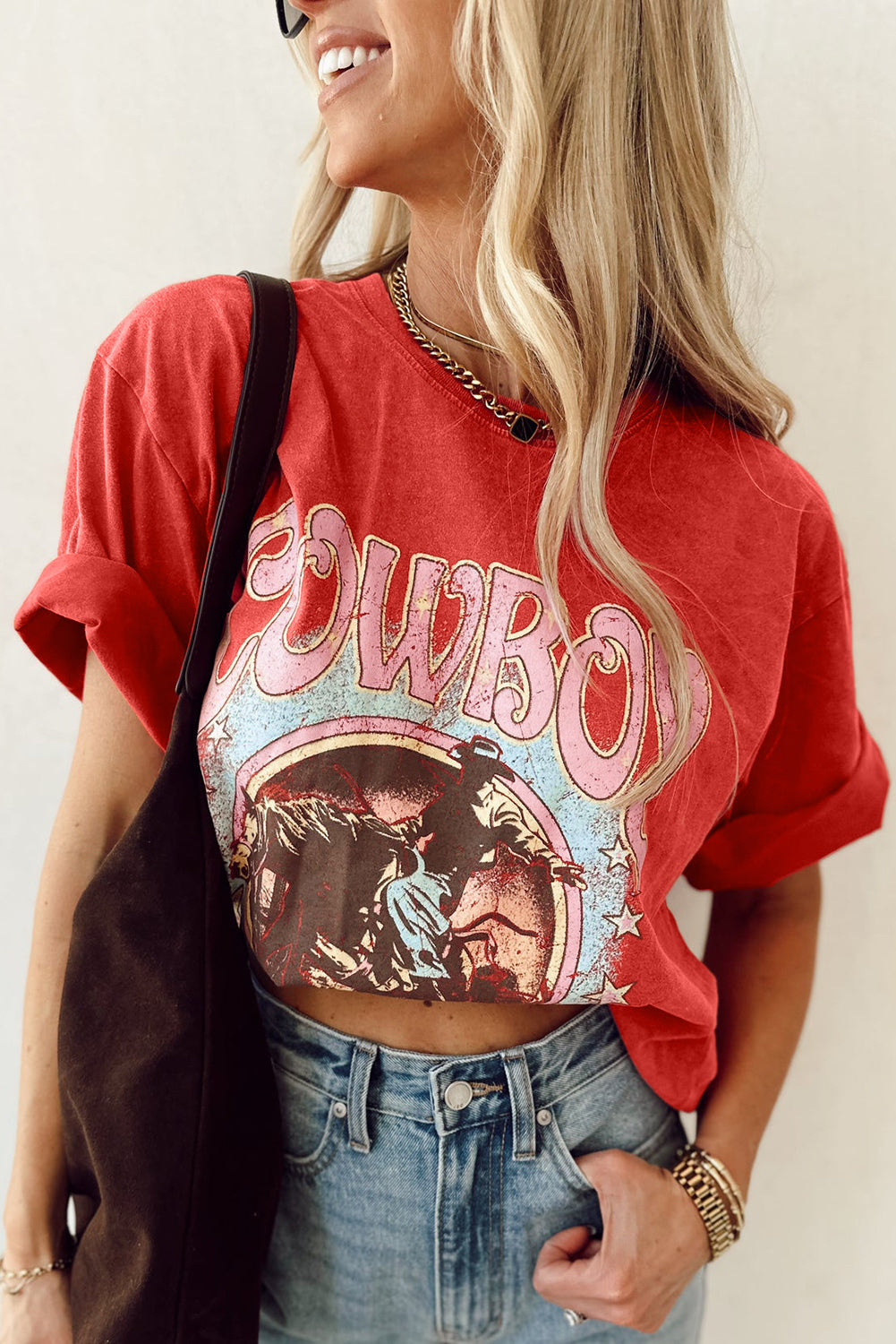 COWBOY rouge tomate Take Me Away Graphic Western Loose Tee-A WOMAN WE LOVE