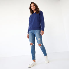Navy blue sponge fabric sweatshirt with drooping shoulder and united fleece lining