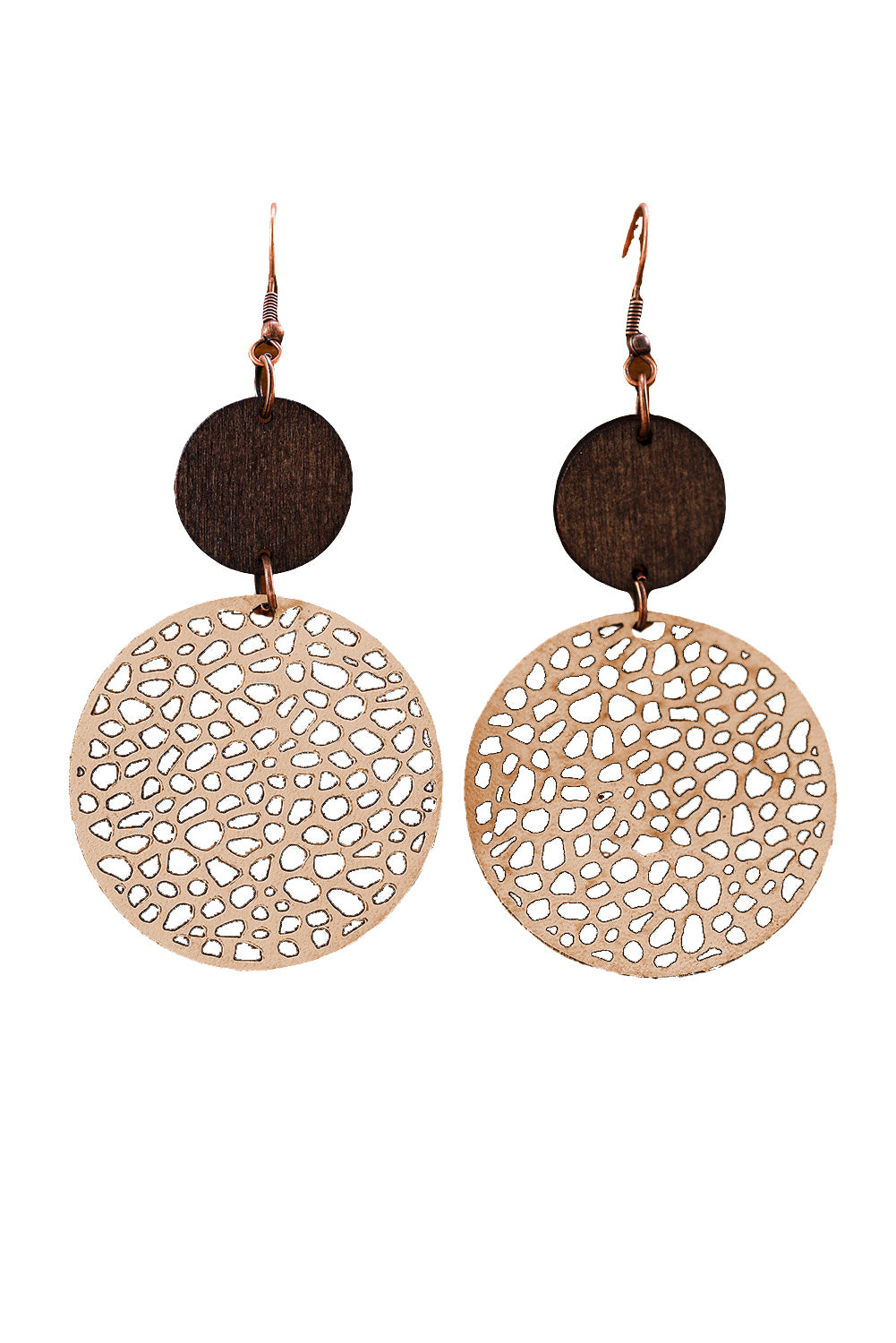Boucles d'oreilles pendantes rondes en bois ajourées kaki-A WOMAN WE LOVE