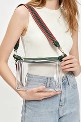 Petit sac transparent à finitions vert foncé et sangle tissée à motifs