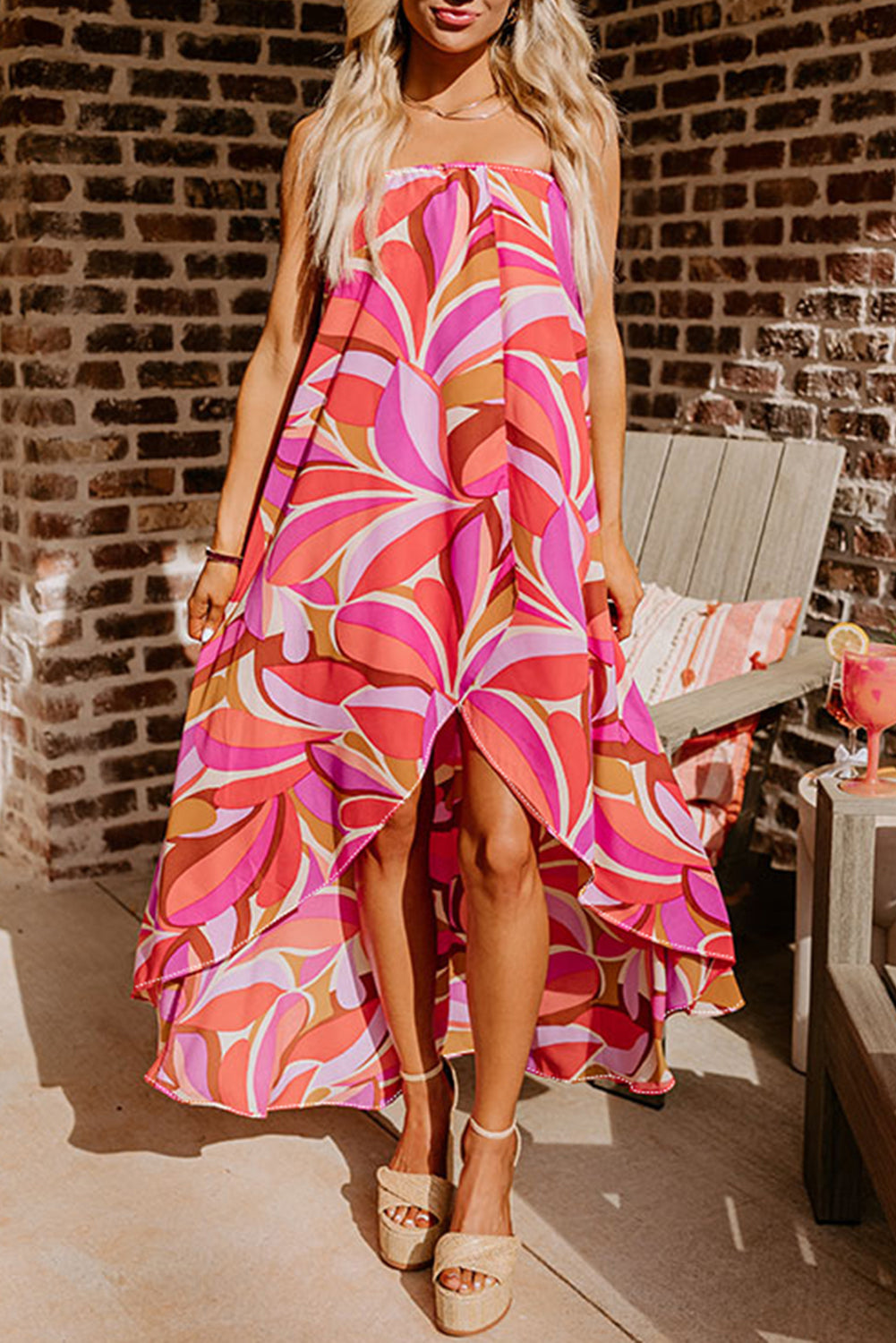 Vacay dress high and low strip with pink flowers *