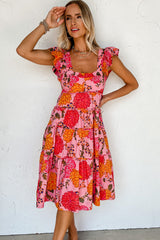 Robe mi-longue à volants et manches flottantes à volants et à volants rose