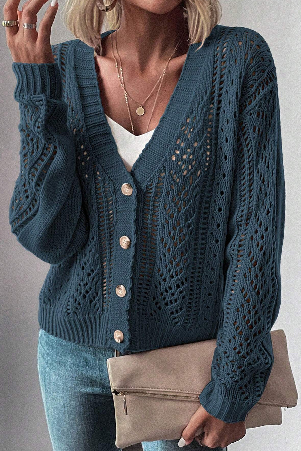 Cardigan pull à épaules tombantes en tricot ouvert bleu sarcelle véritable *-A WOMAN WE LOVE