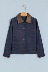 Veste en jean bleu marine à col contrastant et surpiqûres