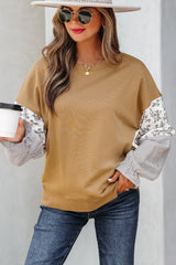 Sweat-shirt col rond camel imprimé floral et rayé à manches volantées