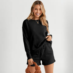Black Textured Long Sleeve Top and Drawstring Shorts Set