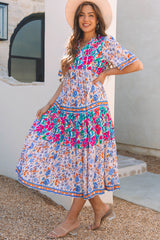 Robe à manches courtes et col fendu à imprimé floral mixte bleu ciel