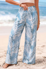 Pantalon large bleu ciel à ceinture froncée et imprimé botanique