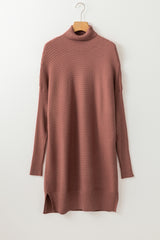 Pull tunique marron côtelé à col roulé