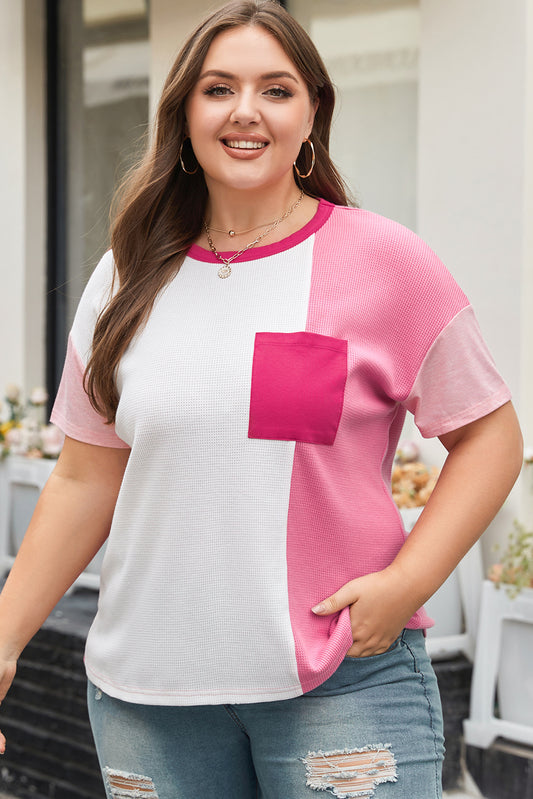 Camiseta de talla grande con patchwork color block y flor de melocotón