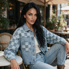 Veste en jean bleu délavé à damier et épaules tombantes