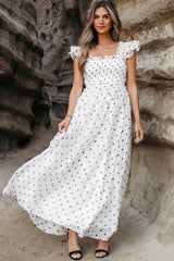 Long White Smocked Dress with Pois *