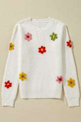 Pull blanc en maille texturée à fleurs colorées en applique