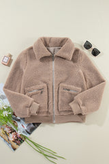 Light beige winter fluffy jacket with pockets and zipper