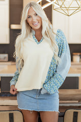 Sweat-shirt beige imprimé floral et rayé à col chemise