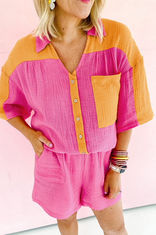 Conjunto de pantalones cortos y camisa con bloques de color texturizados de talla grande en rojo rosa