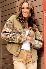 Khaki buttoned jacket in spurred knitting with floral print and patchwork