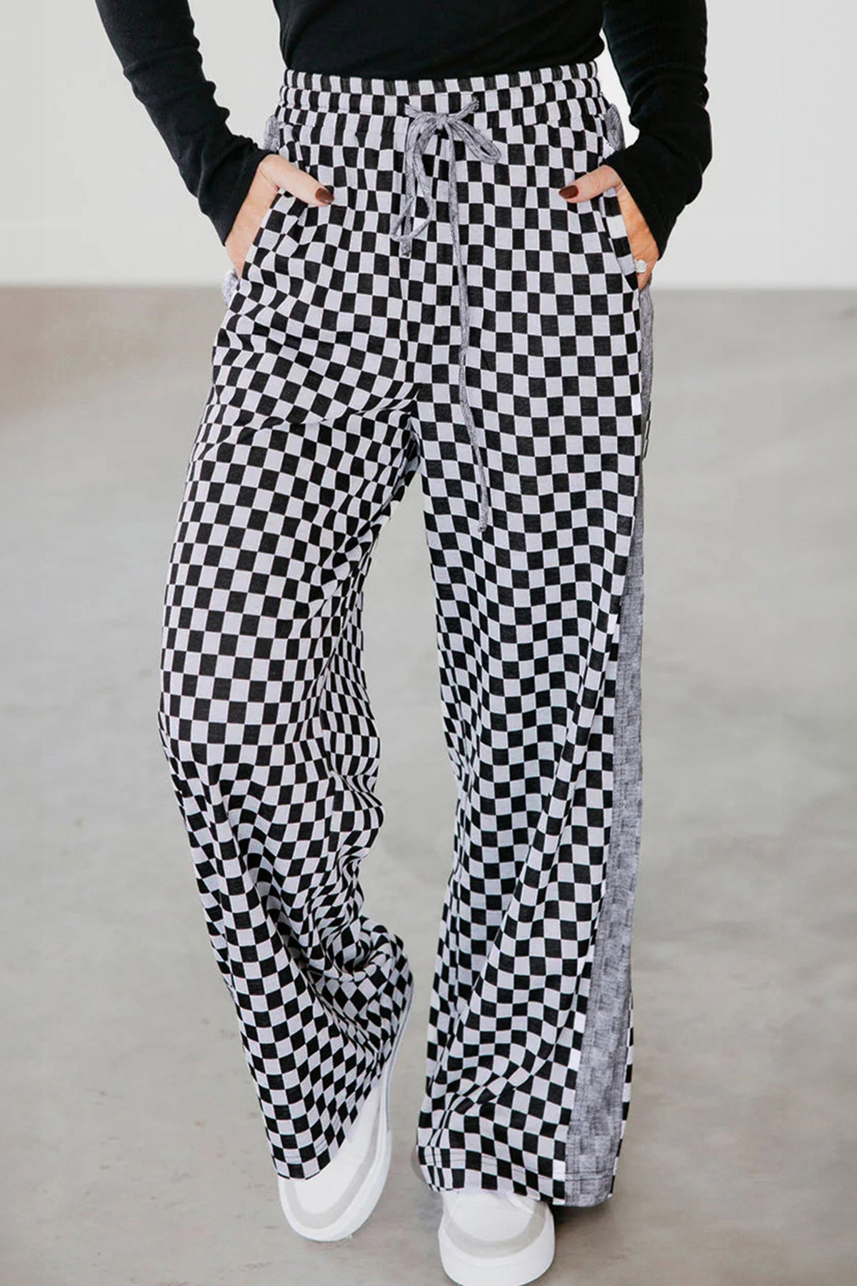 Pantalon décontracté à damier blanc avec cordon de serrage à la taille