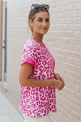 Short sleeve top in pink half-leopard patchwork